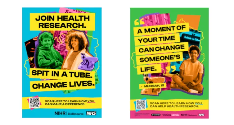 Two posters promoting health research participation. Left: 