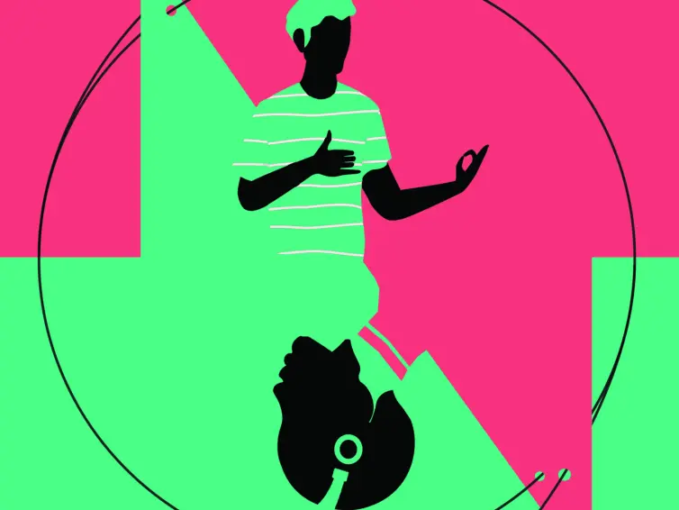 A green and pink poster, with one illustration of a person using BSL and one of a head wearing headphones. Writing on the poster says: Our world is a Deaf world. We live in a hearing world.