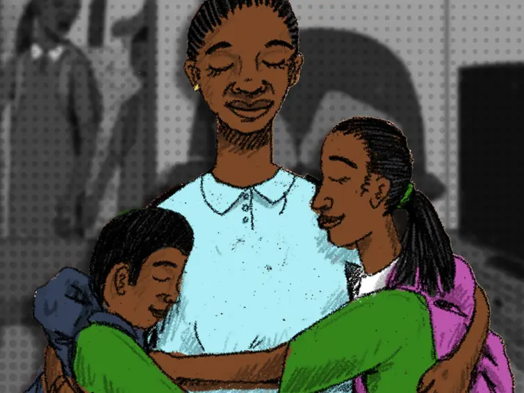 Cartoon of three people embracing in a hug.