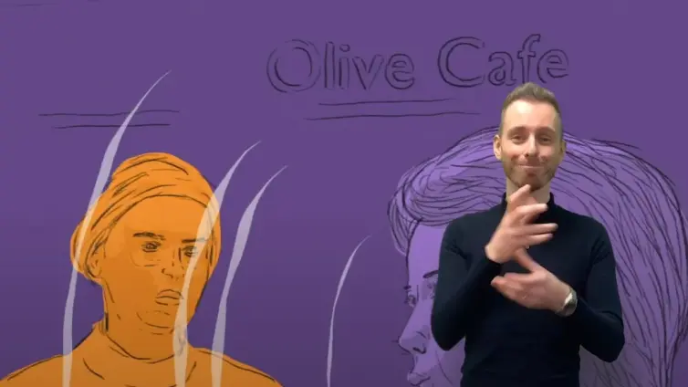 Cartoon of two people talking and a sign language interpreter signing.